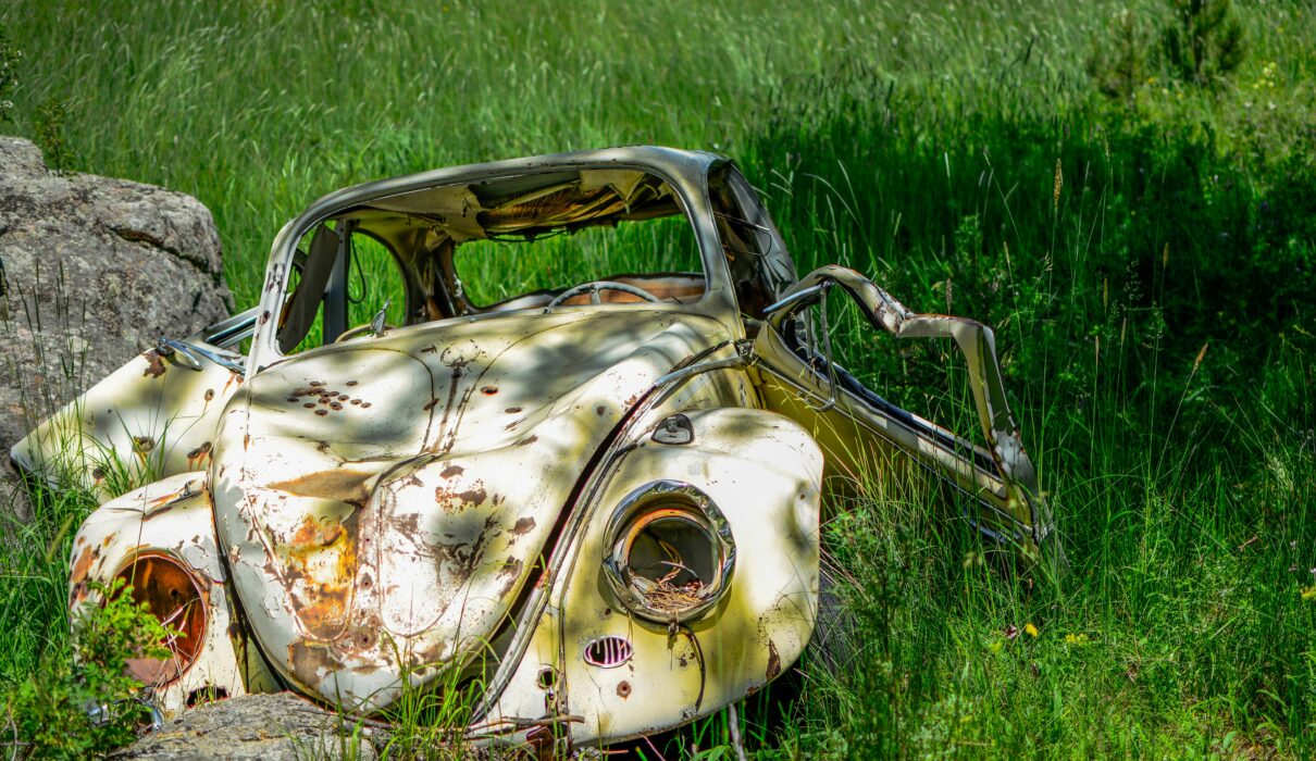 wrecked white Volkswagen Beetle coupe on grass