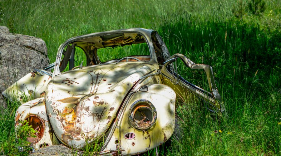 wrecked white Volkswagen Beetle coupe on grass