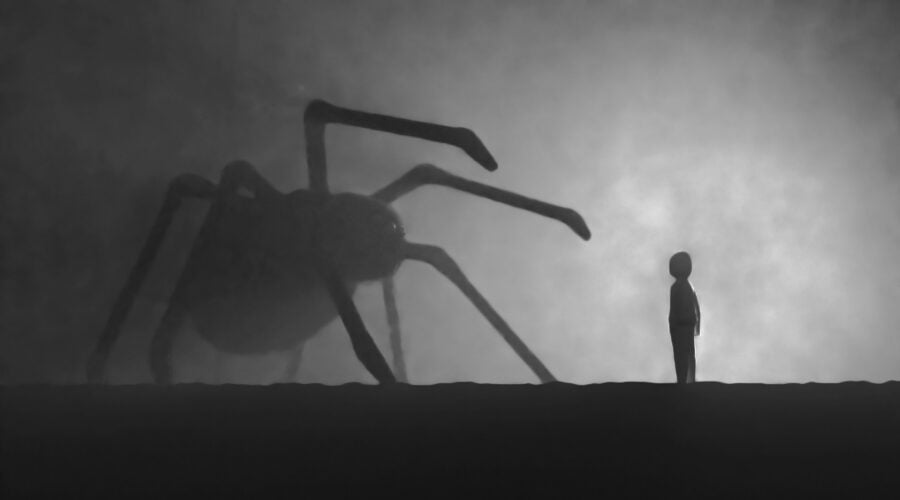 a person standing in front of a giant spider