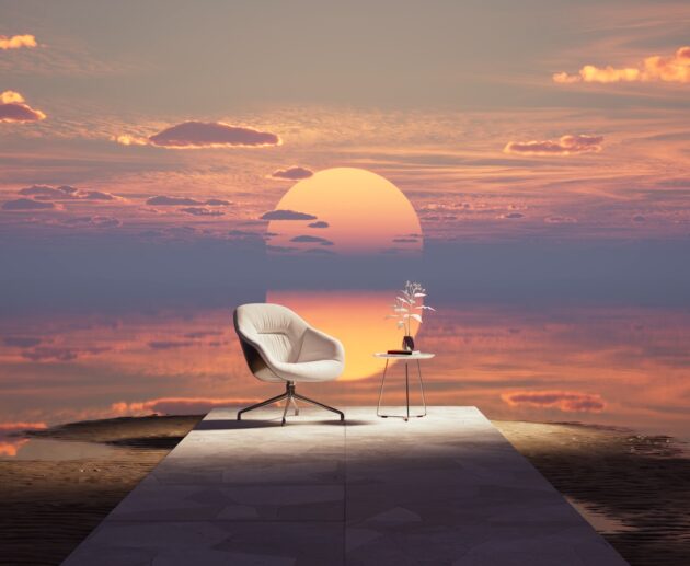 a white chair sitting on top of a wooden platform