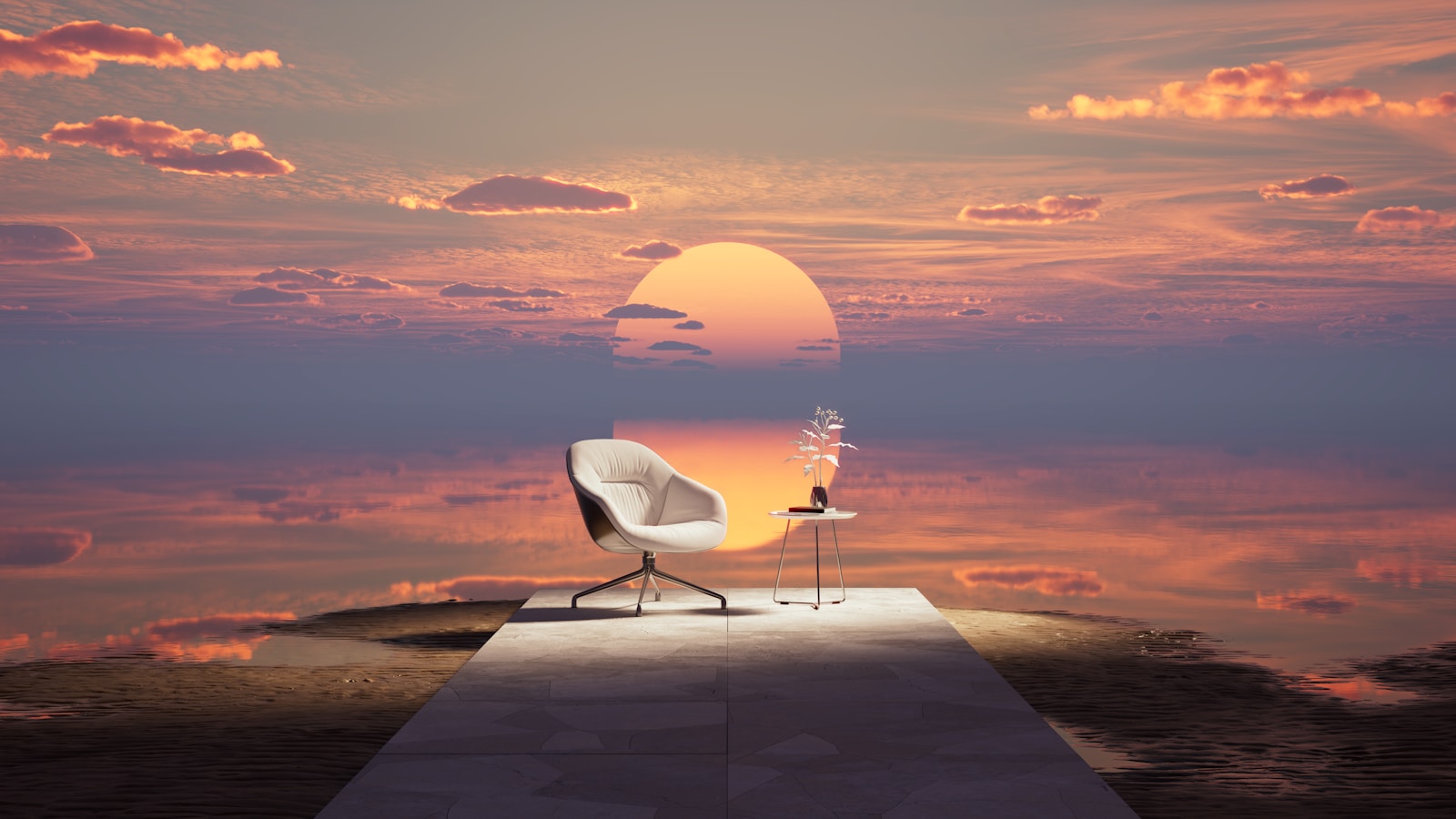 a white chair sitting on top of a wooden platform